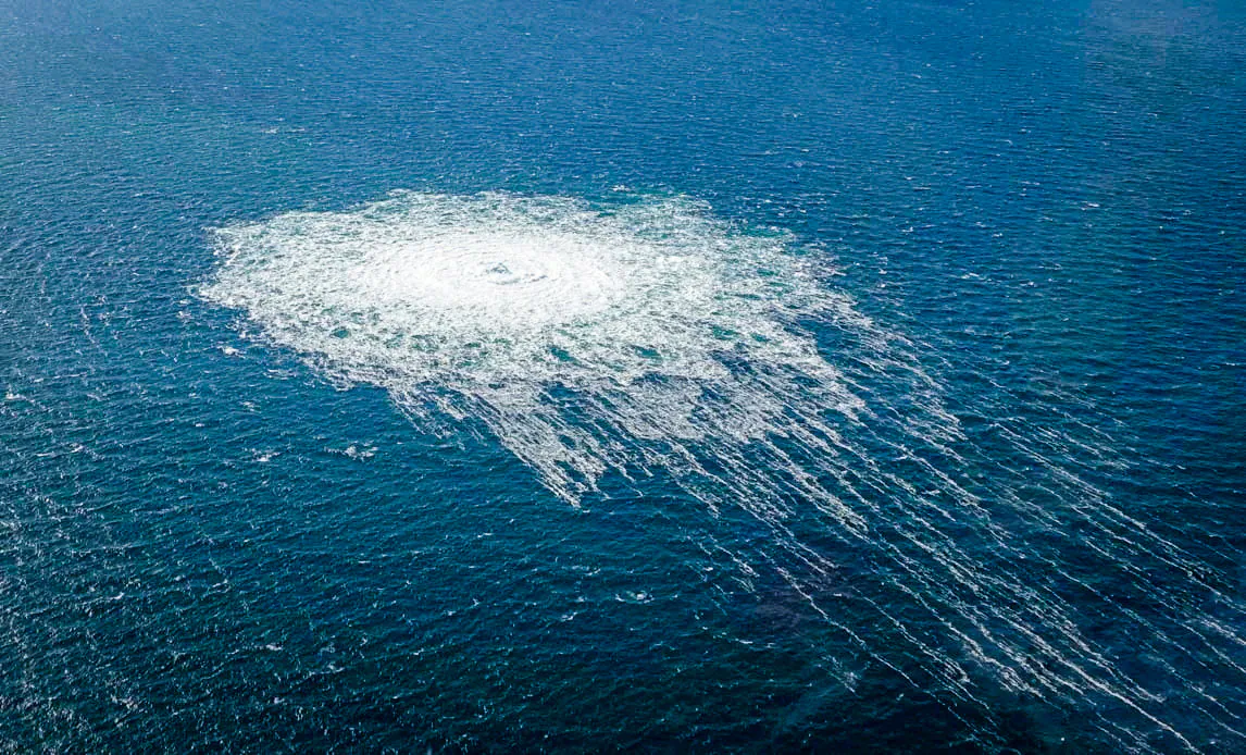 Gas bubbles from the Nord Stream 2 leak reach the surface of the Baltic Sea near Bornholm, Denmark, on Sept. 27, 2022. (Danish Defence Command/Handout via Reuters)
