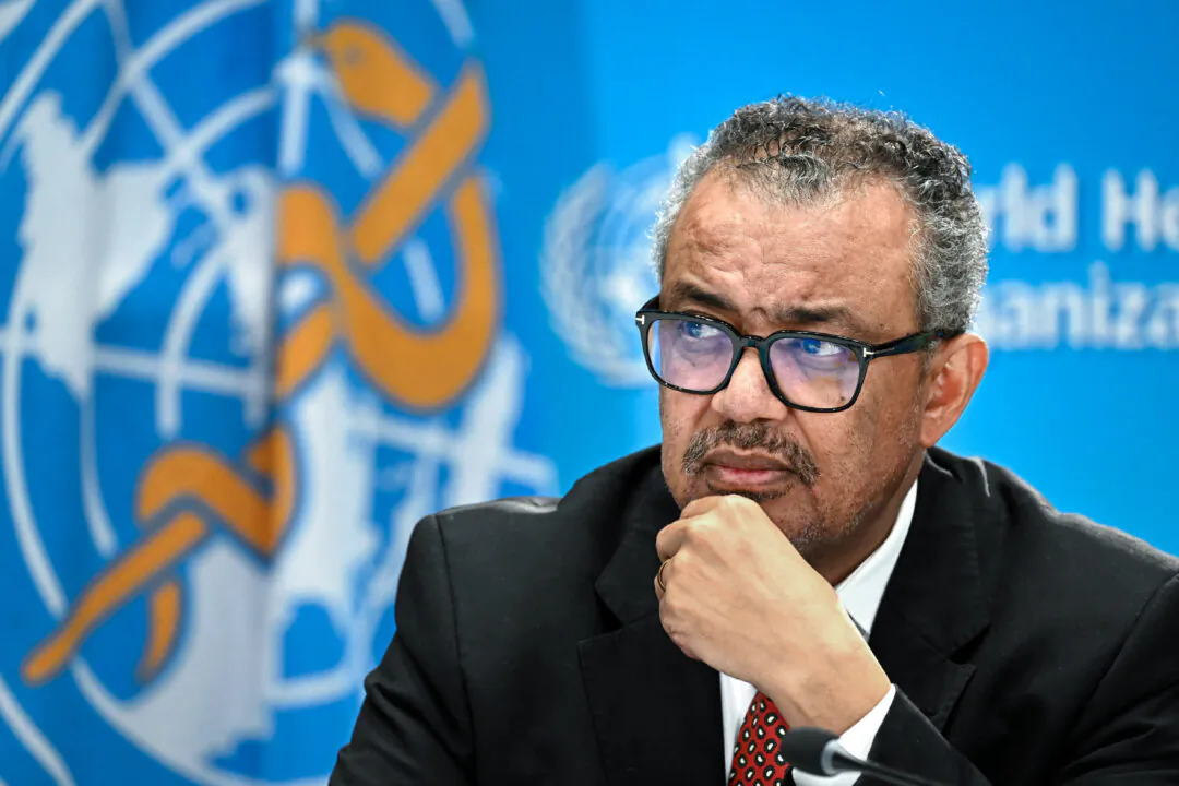 World Health Organization chief Tedros Adhanom Ghebreyesus attends a press conference on the World Health Organization's 75th anniversary in Geneva, Switzerland, on April 6, 2023. (Fabrice Coffrini/AFP via Getty Images)