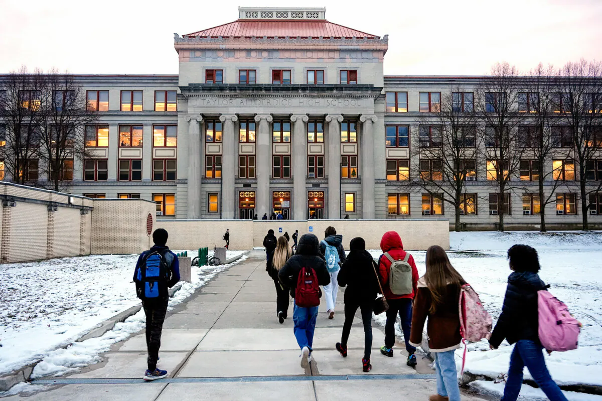 Students arrive for classes at Taylor Allderdice High School in the Squirrel Hill neighborhood of Pittsburgh on Jan. 23, 2024. (Gene J. Puskar/AP Photo)