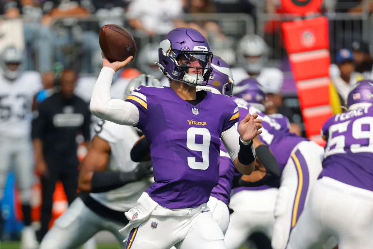 Minnesota Vikings rookie quarterback J.J. McCarthy throws against the Las Vegas Raiders during a preseason game in Minneapolis on Aug. 10, 2024. (Bruce Kluckhohn/AP Photo)
