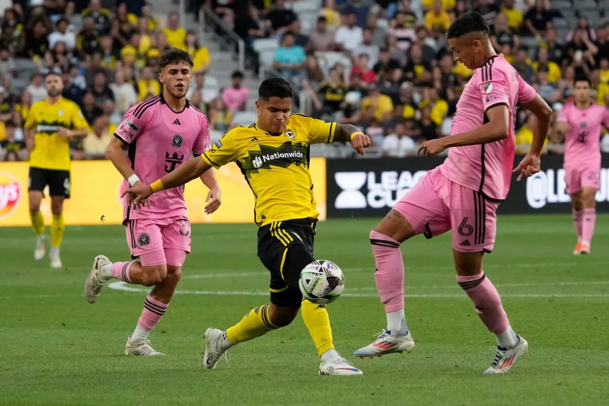 Columbus Crew forward Cucho Hernandez (9) kicks the ball past Inter Miami CF defender Tomas Aviles (6) during the first half of the Leagues Cup round of 16 game in Columbus, Ohio, on Aug. 13, 2024. (Adam Cairns/Columbus Dispatch/USA TODAY NETWORK)