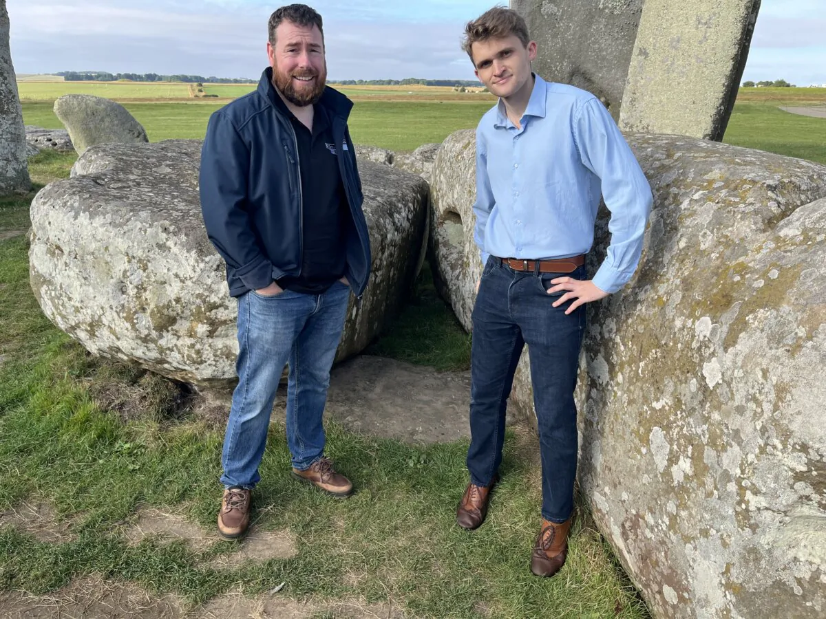 Curtin University Professor Chris Kirkland and Ph.D. student Anthony Clarke at Stonehenge. (Courtesy of Curtin University).