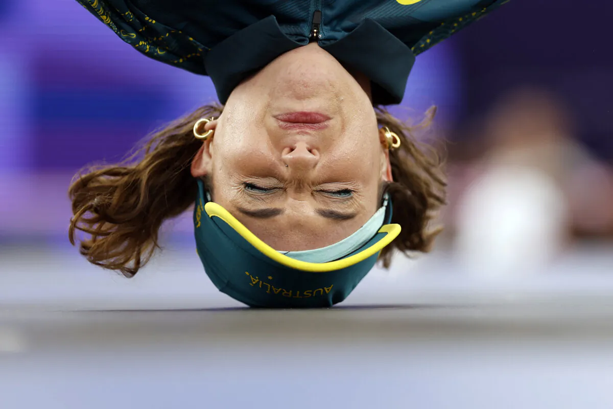 Australia's Rachael Gunn, known as Raygun competes in the Women's Breaking dance Round robin of the Paris 2024 Olympic Games at La Concorde in Paris, on Aug. 9, 2024. (Odd Andersen/AFP via Getty Images)