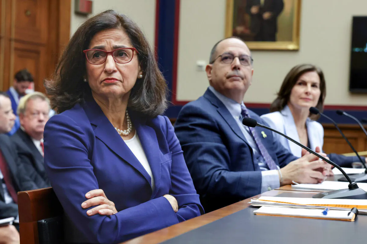(L–R) President of Columbia University Nemat “Minouche” Shafik, David Schizer, Dean Emeritus, and Harvey R. Miller Professor of Law & Economics, and Columbia Law School, Co-Chair of Board of Trustees at Columbia University Claire Shipman testify before the House Committee on Education & the Workforce at Rayburn House Office Building in Washington on April 17, 2024. (Alex Wong/Getty Images)