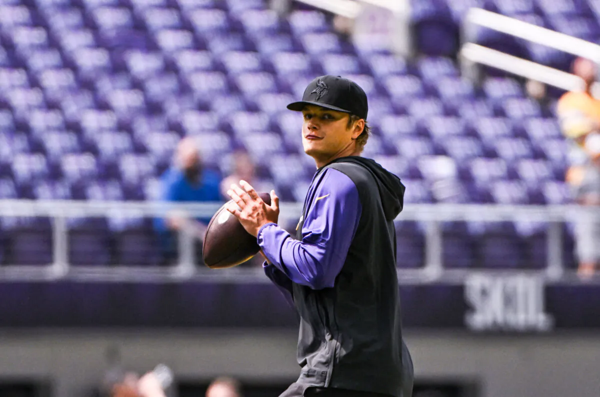 J.J. McCarthy of the Minnesota Vikings warms up before the preseason game against the Las Vegas Raiders at U.S. Bank Stadium in Minneapolis, Minnesota, on Aug. 10, 2024. (Stephen Maturen/Getty Images)