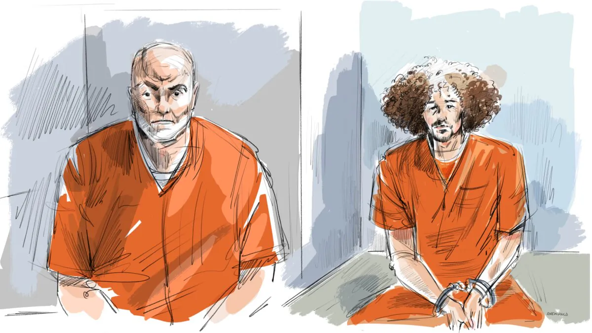 Ahmed Mostafa Eldidi (L) is seen in a courtroom sketch with his son, Mostafa Eldidi, as they appeared via video for a hearing in Newmarket, Ont., on Aug. 1, 2024. The pair face nine different terrorism charges including conspiracy to commit murder on behalf of the ISIS terrorist group. (Alexandra Newbould/The Canadian Press)