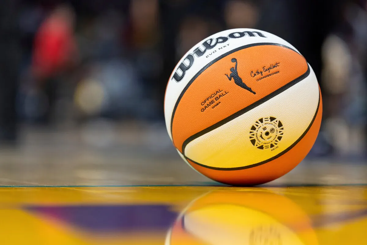 A WNBA basketball sits on the court during a WNBA game in Los Angeles on May 19, 2023. (Jeff Lewis/AP Photo)