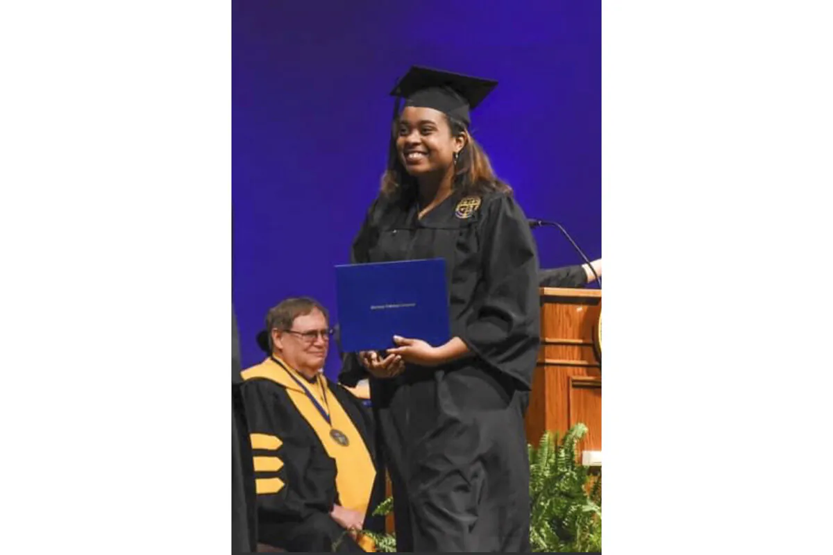 This photo provided by family attorney Ryan Julison shows Jeunelle Robinson graduating from Southern Wesleyan University on May 3, 2019, in Central, S.C. (Andrea Julian/Ryan Julison via AP)