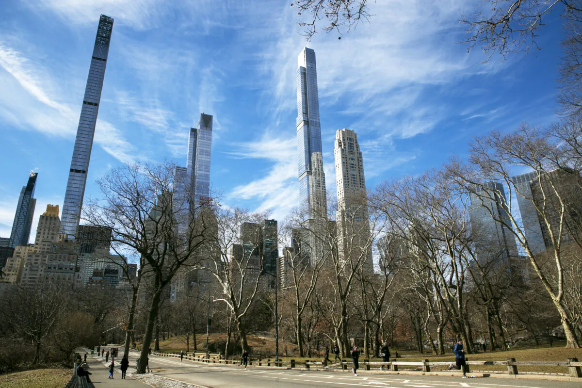 The luxury, residential skyscraper buildings of "Billionaire's Row" in Manhattan are visible from Central Park in New York City, on Feb. 20, 2022. (The Canadian Press/AP, Ted Shaffrey)