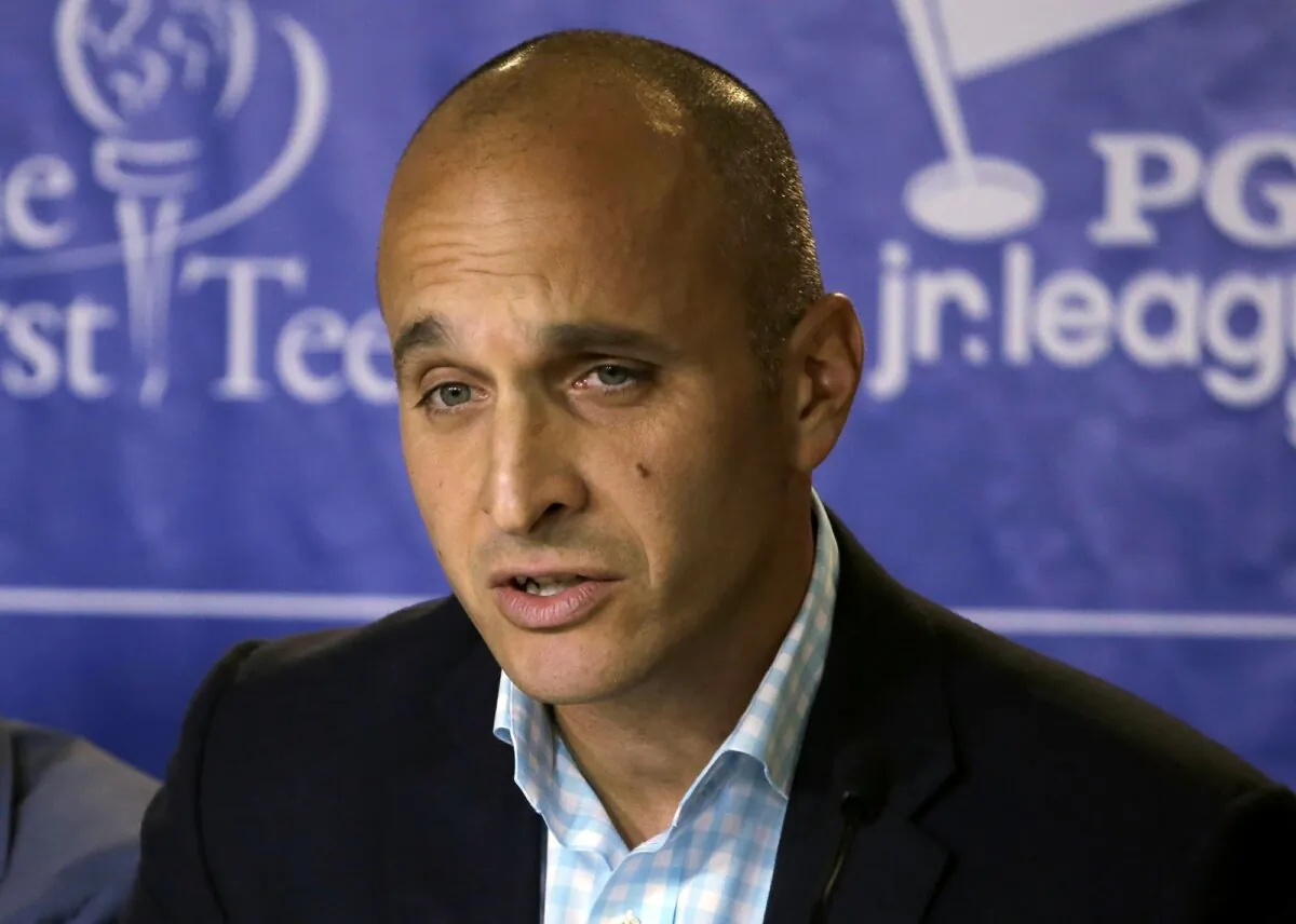 Notre Dame Athletic Director Pete Bevacqua, then-CEO of the PGA of America, appears at a news conference during The Players Championship in Ponte Vedra Beach, Fla., on May 6, 2015. (Chris O'Meara/AP Photo)