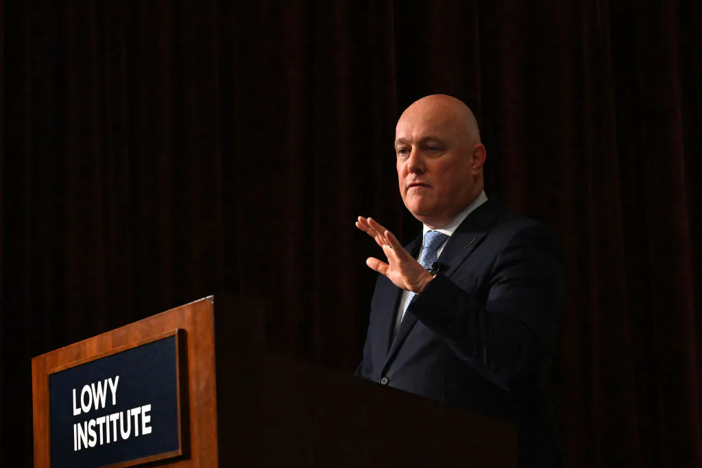 New Zealand Prime Minister Christopher Luxon speaks at the Lowy institute in Sydney on August 15, 2024. (Saeed Khan/AFP via Getty Images)
