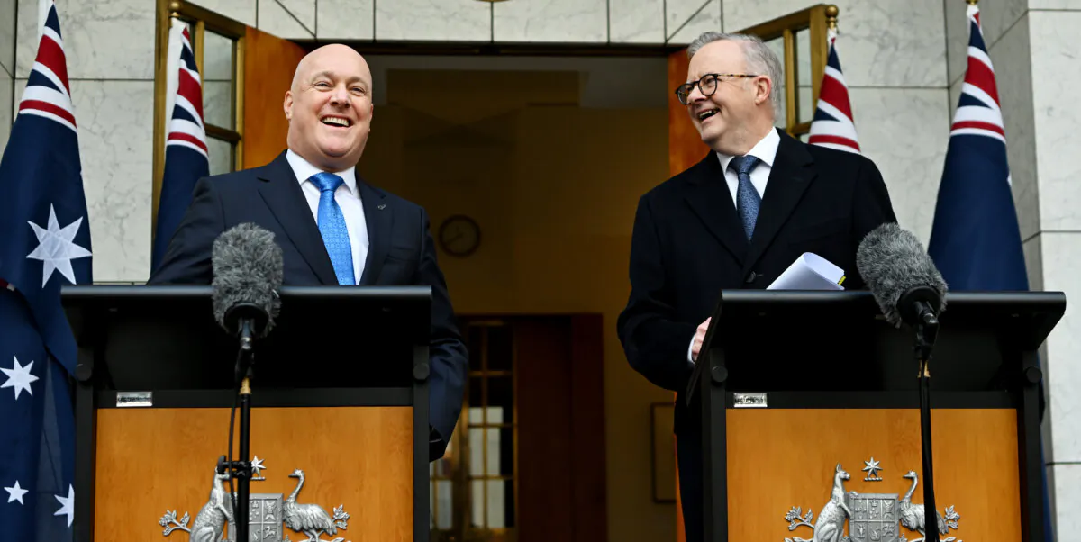 New Zealand Prime Minister Christopher Luxon (L) and Prime Minister of Australia Anthony Albanese speak to the media during a press conference at Australian Parliament House in Canberra on Aug. 16, 2024. (Tracey Nearmy/Pool/Getty Images)