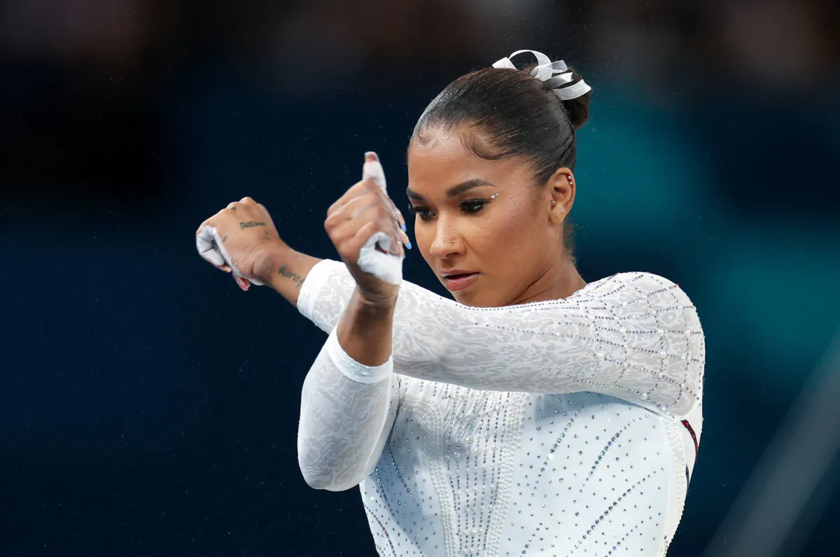 Jordan Chiles of Team United States competes in the artistic gymnastics women's floor exercise final on day 10 of the Olympic Games at Bercy Arena in Paris on Aug. 5, 2024. (Jamie Squire/Getty Images)