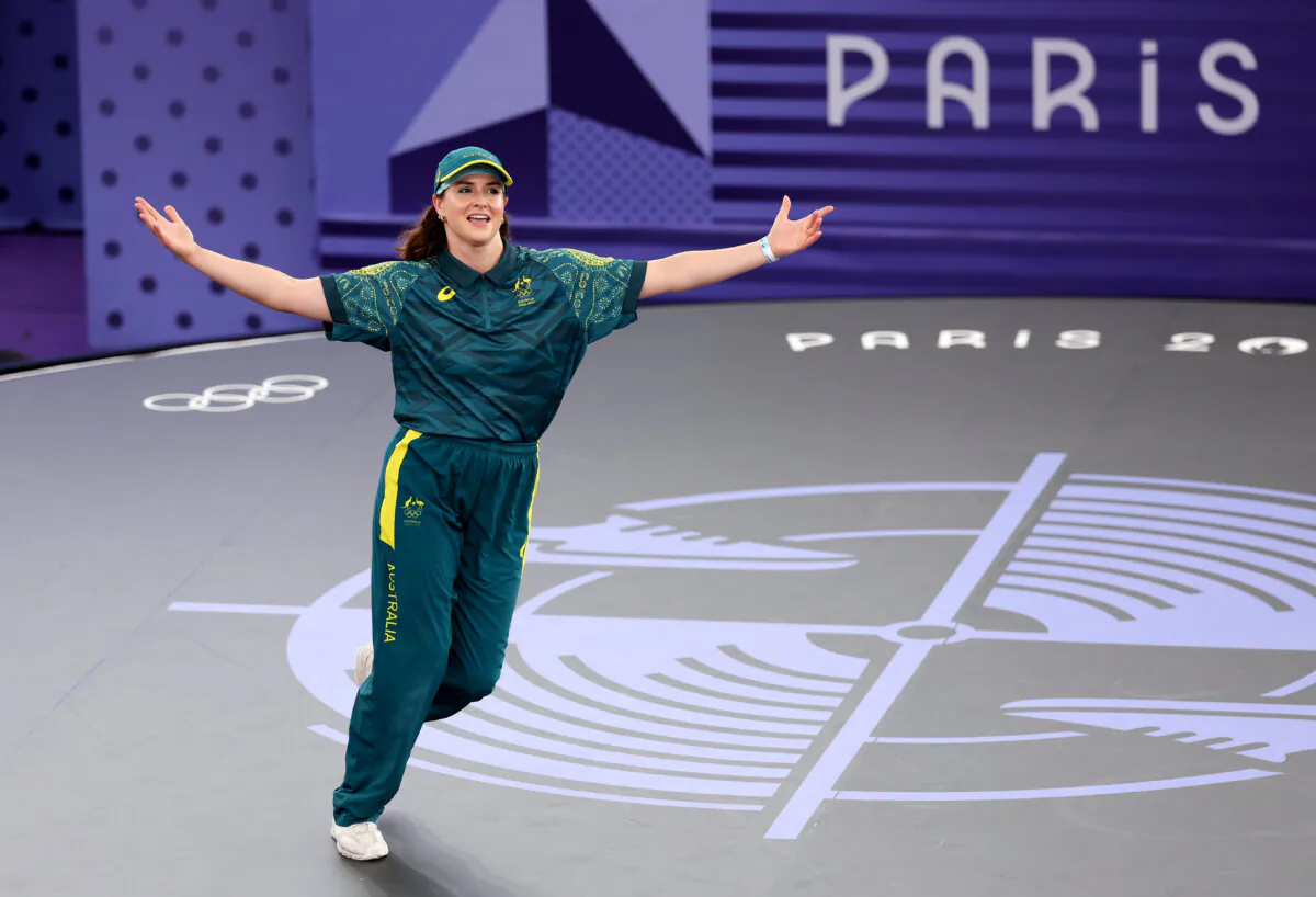 Rachael Gunn reacts during the B-Girls Round Robin-Group B on day fourteen of the Olympic Games Paris 2024 on Aug. 09, 2024. (Ezra Shaw/Getty Images)
Crystal-Rose Jones