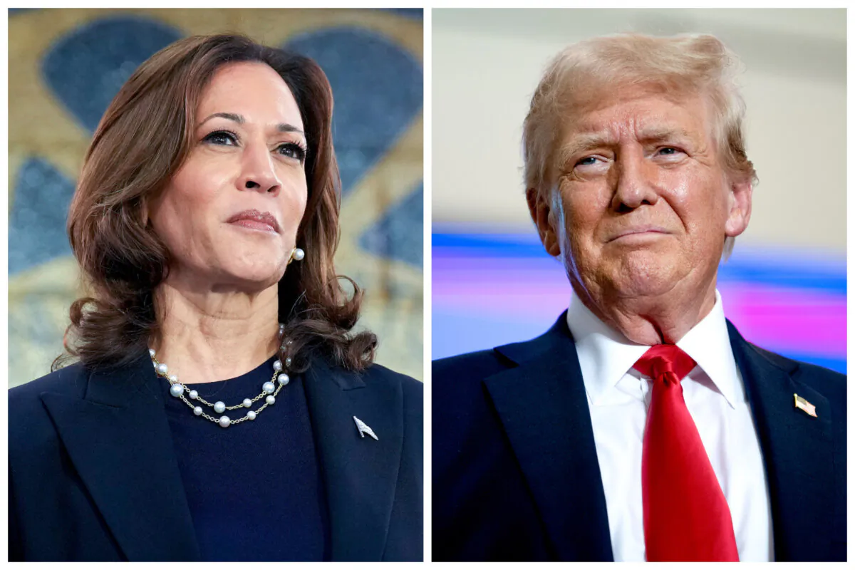 Democratic presidential nominee Vice President Kamala Harris waits to speak at a campaign rally at United Auto Workers Local 900 in Wayne, Mich., on Aug. 8, 2024. (Right) Republican Presidential nominee former President Donald Trump arrives to speak during a rally at Herb Brooks National Hockey Center in St Cloud, Minn., on July 27, 2024. (Andrew Harnik, Stephen Maturen/Getty Images)