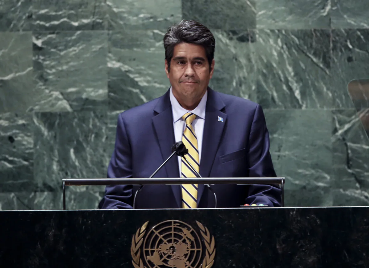 Palau’s president Surangel Whipps Jr. speaks during the annual gathering in New York City for the 76th session of the United Nations General Assembly (UNGA) in New York on September 21, 2021. (Spencer Platt/Getty Images)