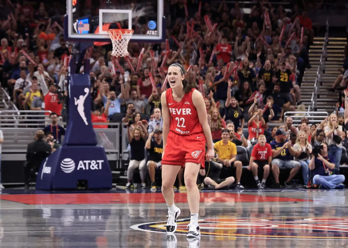 Caitlin Clark (22) of the Indiana Fever reacts in the second half against the Phoenix Mercury in Indianapolis on Aug. 16, 2024. (Justin Casterline/Getty Images)