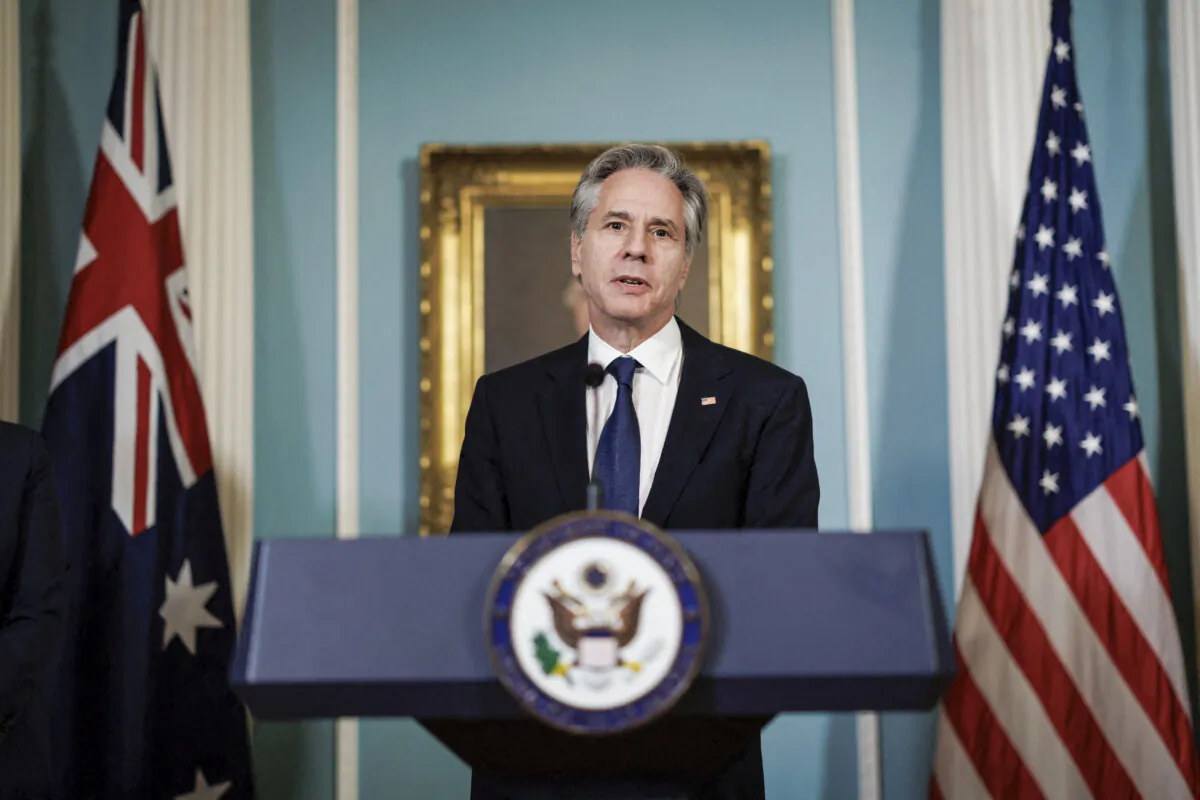US Secretary of State Antony Blinken speaks during a signing ceremony at the State Department in Washington, DC, on Aug. 5, 2024. (Ting Shen/AFP via Getty Images)