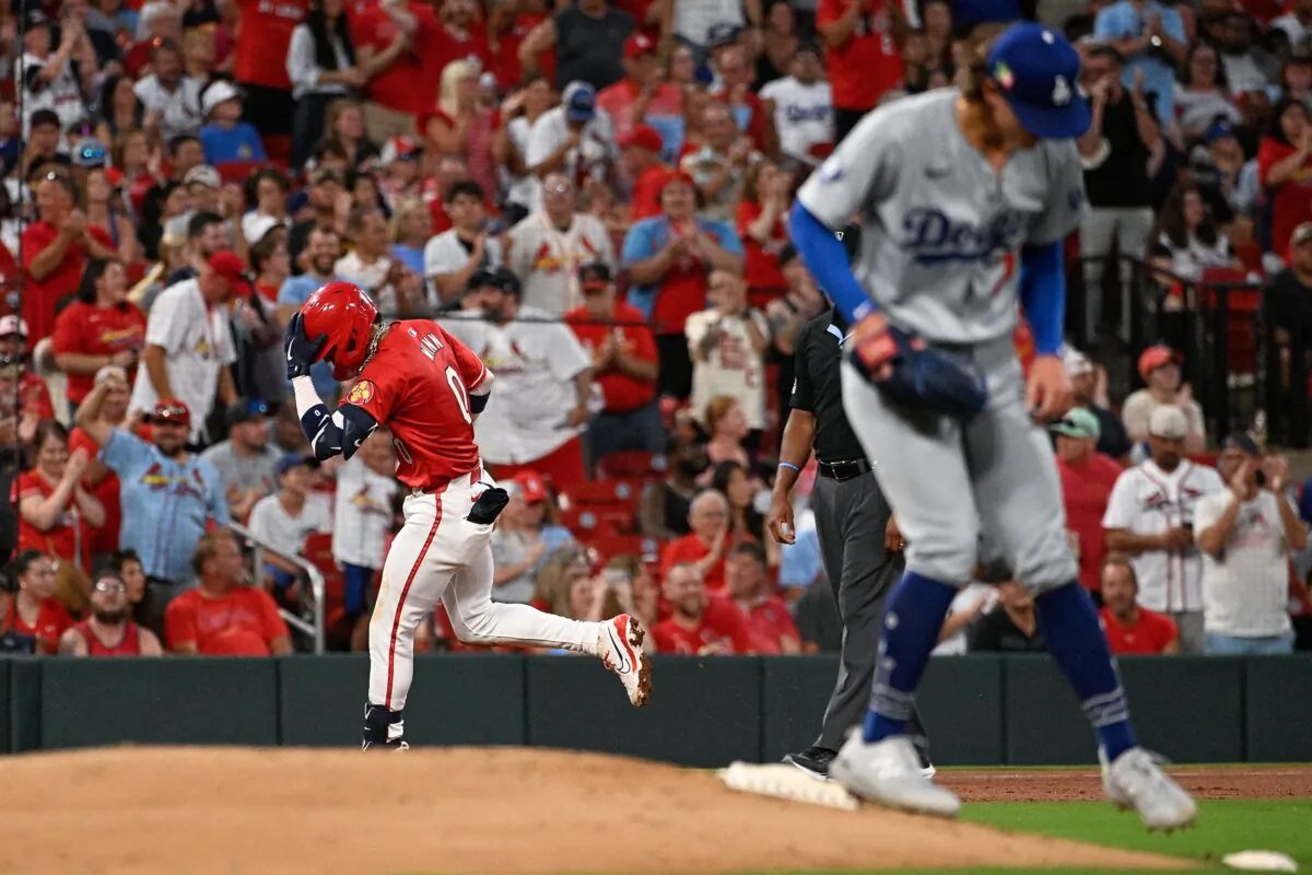 Masyn Winn (0) of the St. Louis Cardinals rounds third base after hitting a solo home run against the Los Angeles Dodgers in the third inning at Busch Stadium on Aug. 16, 2024. (Joe Puetz/Getty Images)