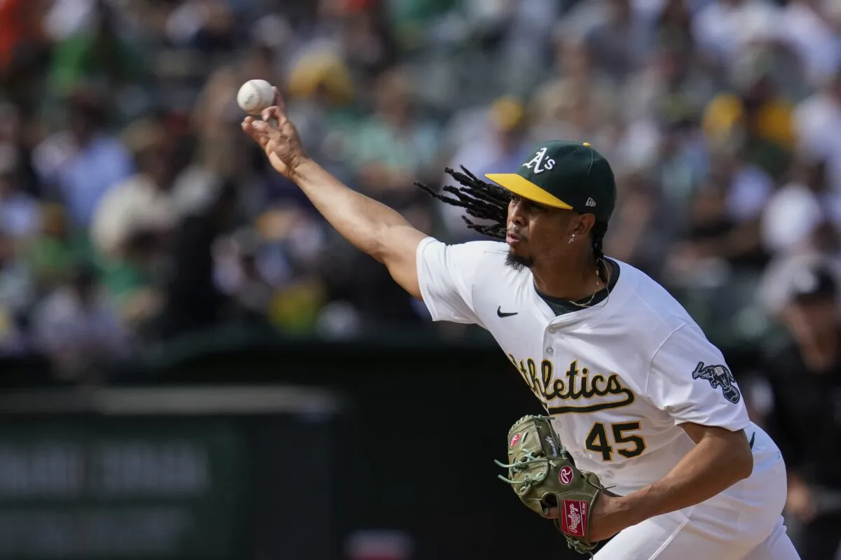 Oakland Athletics pitcher Osvaldo Bido throws to a San Francisco Giants batter during the first inning of a baseball game in Oakland on Aug. 17, 2024. (Godofredo A. Vásquez/AP Photo)
