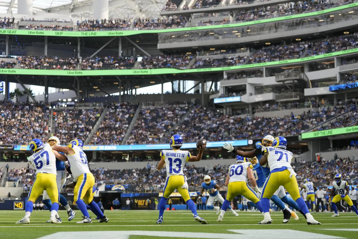 Los Angeles Rams quarterback Stetson Bennett throws a pass during the first half of a preseason NFL football game against the Los Angeles Chargers in Inglewood, Calif., on Aug. 17, 2024. (Gregory Bull/AP Photo)