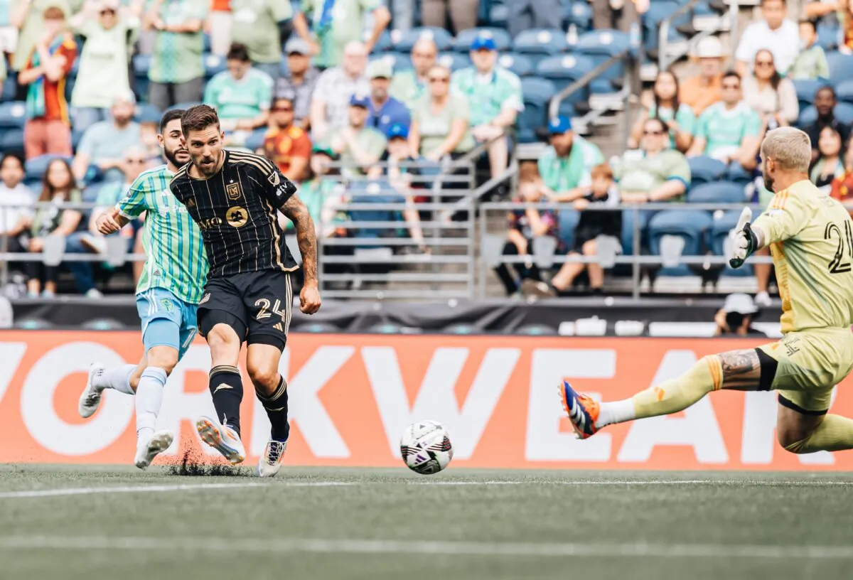 Los Angeles FC defender Ryan Hollingshead scores against Seattle Sounders in a Leagues Cup  match in Seattle on Aug. 17, 2024. (Courtesy of LAFC via The Epoch Times)