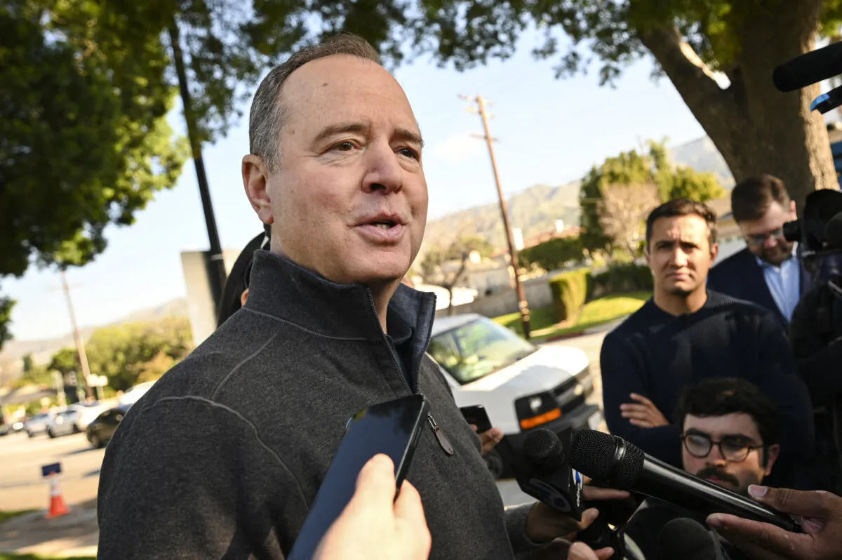 Rep. Adam Schiff (D-Calif.) speaks to the press in Burbank, Calif., on March 5, 2024. (Robyn Beck/AFP via Getty Images)