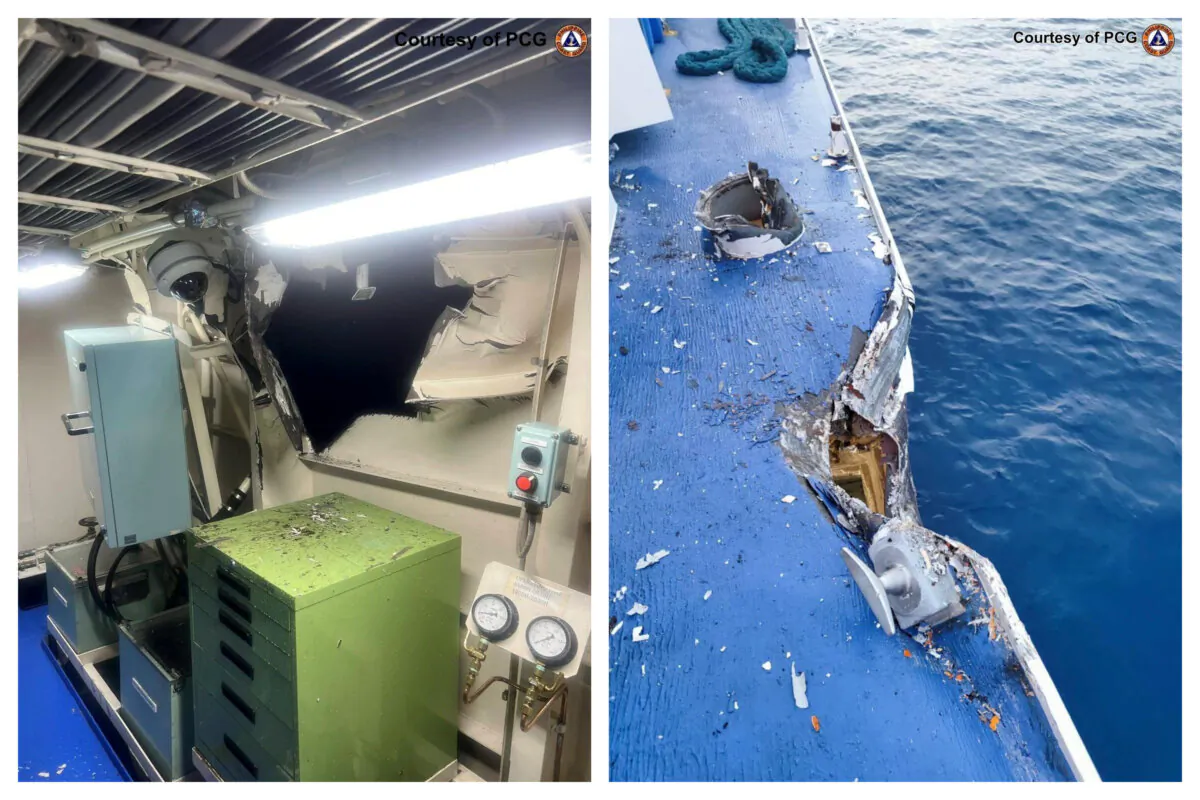 Damage in the auxiliary room on the port side near the port auxiliary engine of Philippines Coast Guard vessel BRP Bagacay/MRRV-4410 (Left) and on the coast guard vessel BRP Cape Engano/MRRV-4411 (Right), following collisions with Chinese Coast Guard vessels in the disputed South China Sea, on Aug. 19, 2024. (Philippine Coast Guard via AP)