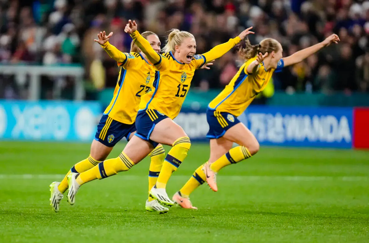 Sweden forward Rebecka Blomqvist (15), midfielder Elin Rubensson (23) and defender Magdalena Eriksson (6) celebrate after forward Lina Hurtig (not pictured) scored the winning goal against the United States in the penalty kick shootout during a Round of 16 match in the 2023 FIFA Women's World Cup at Melbourne Rectangular Stadium in Melbourne, Australia, on Aug. 6, 2023. (Jenna Watson/USA TODAY Sports via Field Level Media)