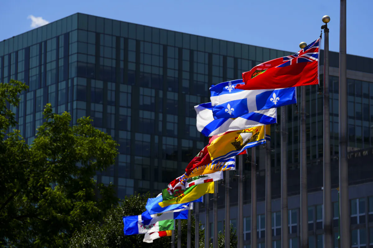 Canada's provincial and territorial flags flutter in the breeze in downtown Ottawa on June 28, 2024. (The Canadian Press/Sean Kilpatrick)