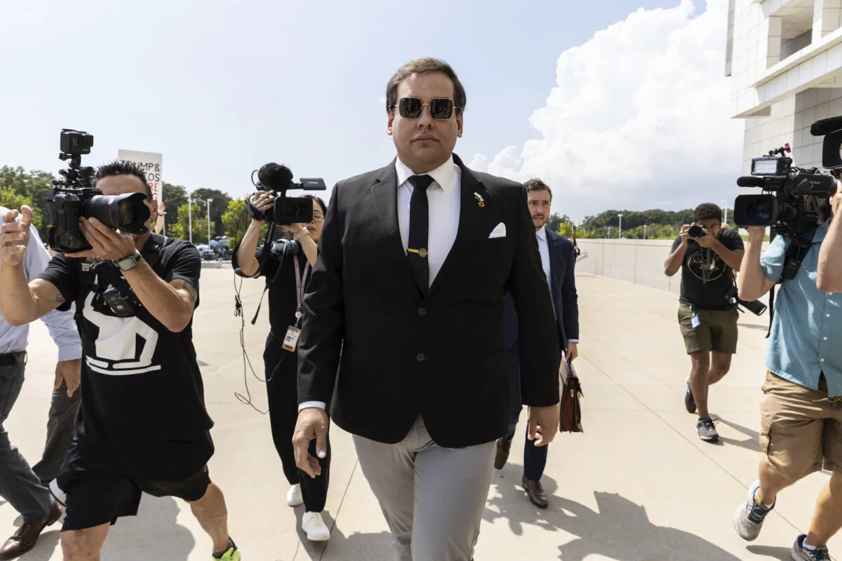Former U.S. Rep. George Santos arrives at court in Central Islip, N.Y., on Aug. 19, 2024. (Stefan Jeremiah/AP Photo)