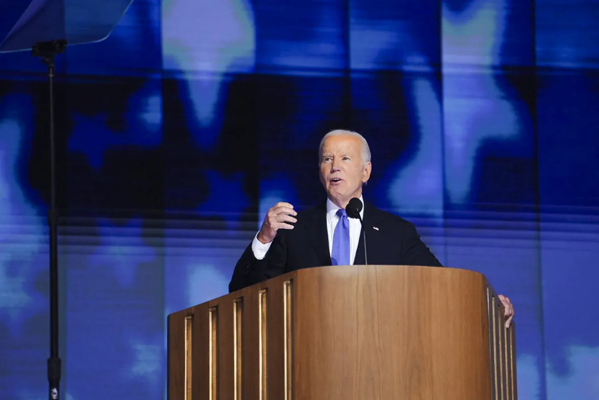 President Joe Biden speaks at the United Center on the first day of the Democratic National Convention in Chicago on Aug. 19, 2024. (Madalina Vasiliu/The Epoch Times)