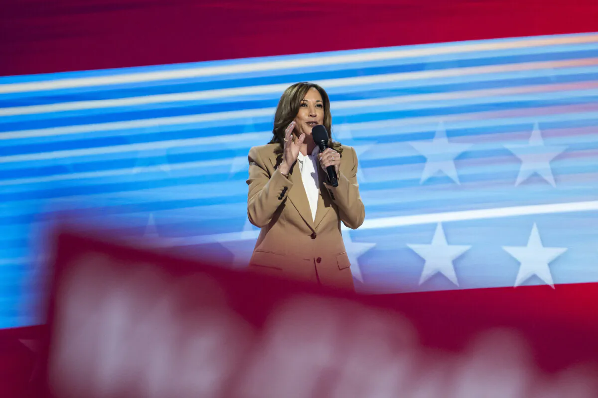 Democratic presidential nominee Vice President Kamala Harris speaks during the first day of the Democratic National Convention in Chicago on Aug. 19, 2024. (Madalina Vasiliu/The Epoch Times) 