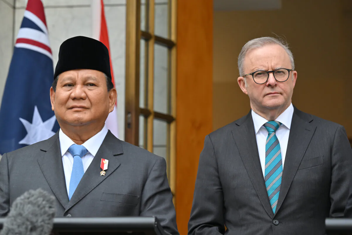 Indonesia’s President-elect Prabowo Subianto and Prime Minister Anthony Albanese at a joint statement at Parliament House in Canberra, Australia on Aug. 20, 2024. (AAP Image/Mick Tsikas)