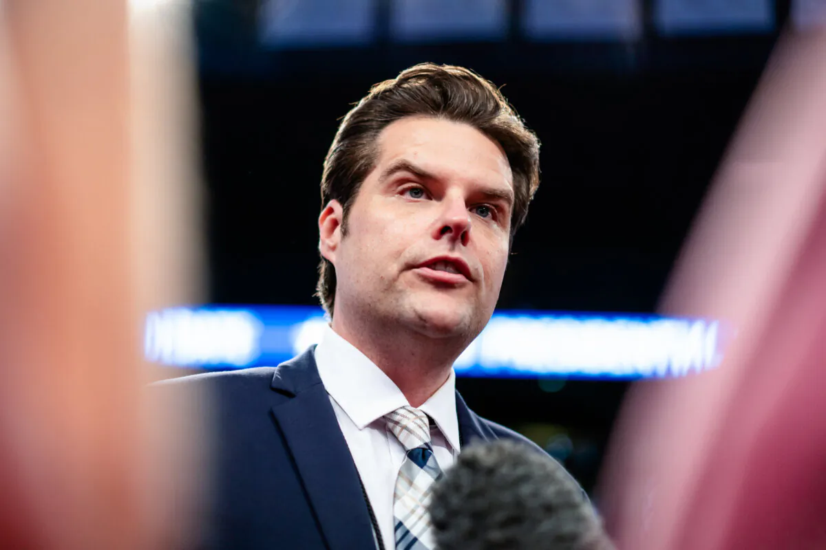 Rep. Matt Gaetz (R-Fla.) speaks to media in the spin room after President Joe Biden and former President Donald Trump's presidential debate in Atlanta on June 27, 2024. (Madalina Vasiliu/The Epoch Times)