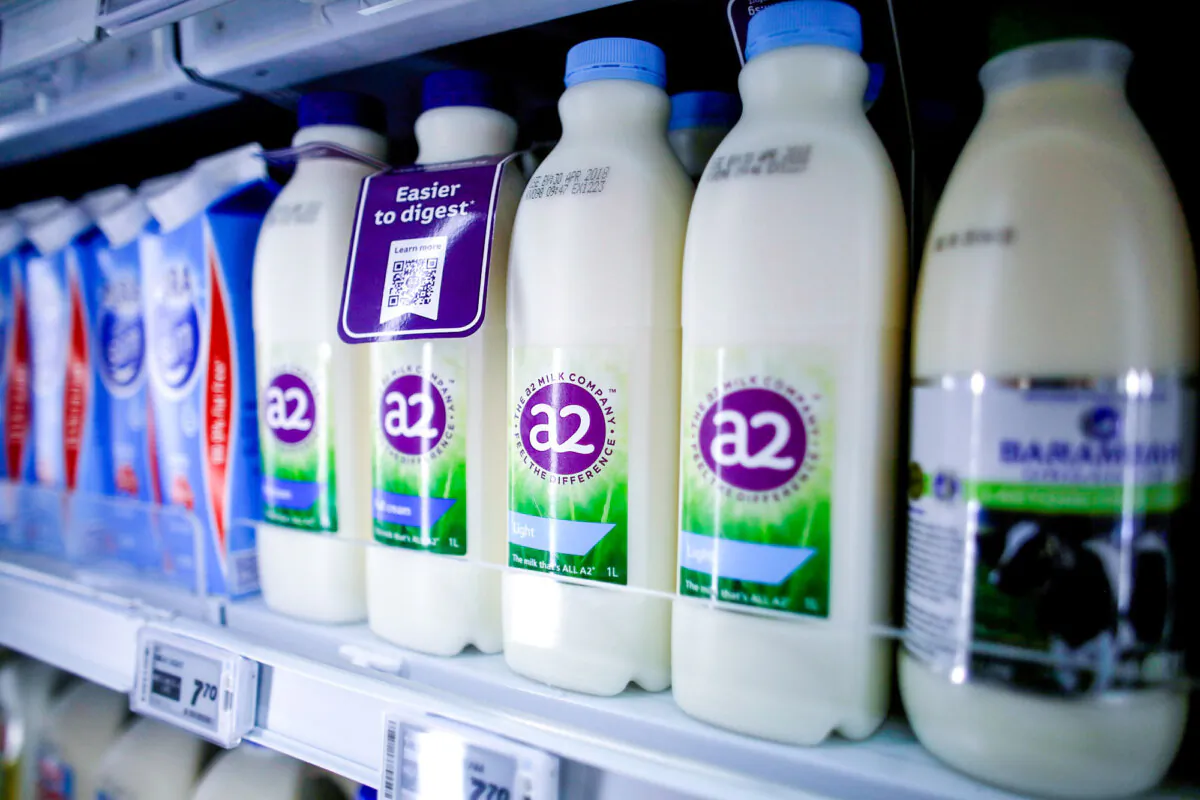 A2 milk on a supermarket shelf in Singapore on April 16, 2018. (Thomas White/Reuters)