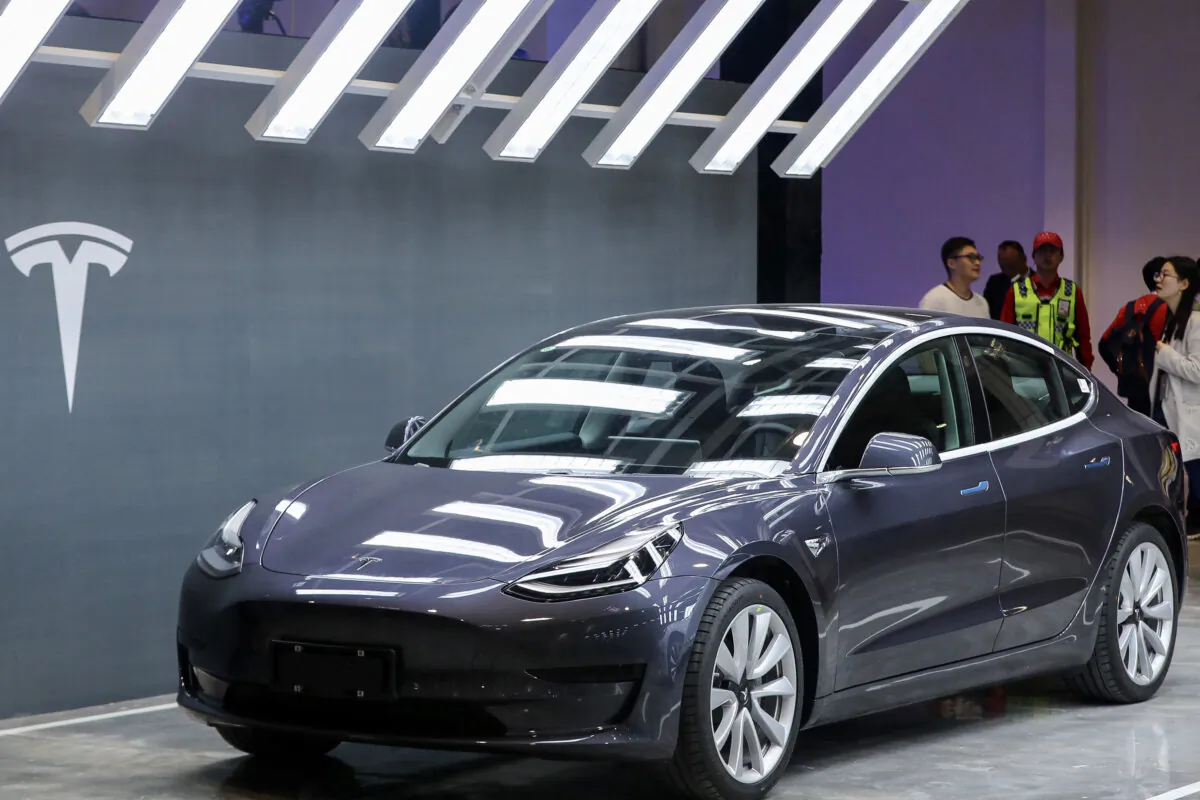 A Tesla Model 3 car is displayed during the Tesla China-made Model 3 Delivery Ceremony in Shanghai on Jan. 7, 2020. (STR/AFP via Getty Images)