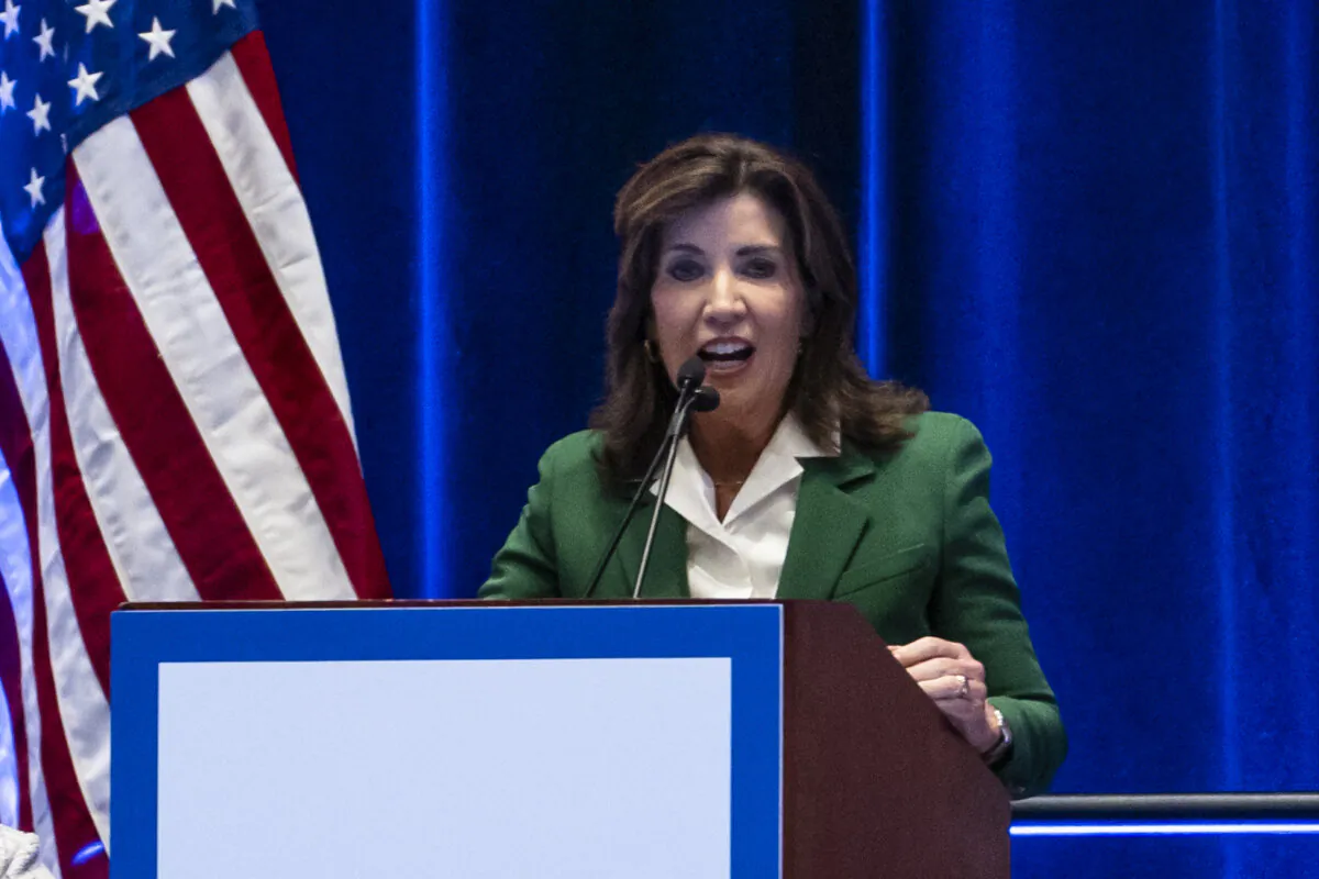 New York Gov. Kathy Hochul speaks at the women’s caucus at Hyatt Regency McCormick Place during the second day of the Democratic National Convention in Chicago on Aug. 20, 2024. (Madalina Vasiliu/The Epoch Times)