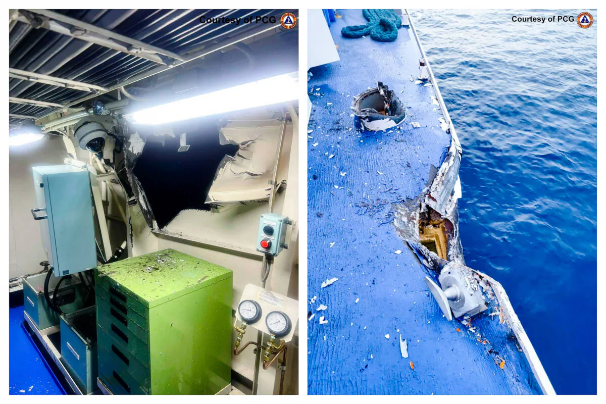 Photos provided by the Philippine coast guard show damage in the auxiliary room on the port side near the port auxiliary engine of Philippine coast guard vessel BRP Bagacay/MRRV-4410 (L) and on the coast guard vessel BRP Cape Engano/MRRV-4411 (R), following collisions with Chinese coast guard vessels in the disputed South China Sea, on Aug. 19, 2024. (Philippine Coast Guard via AP)