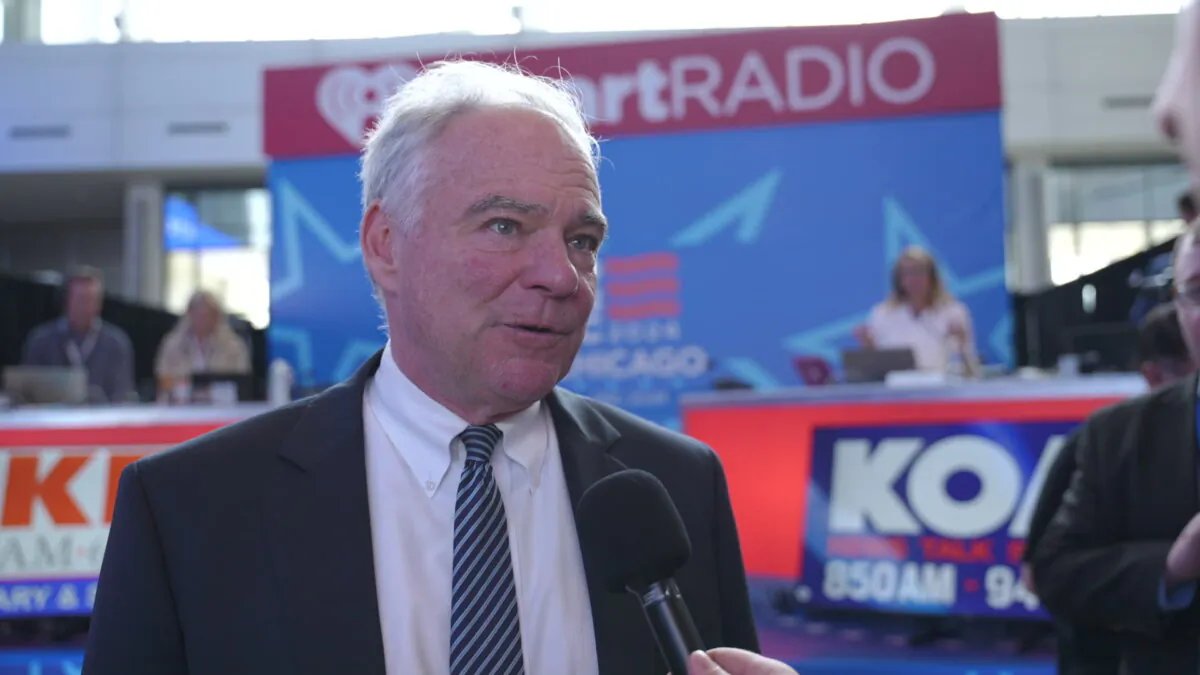 Sen. Tim Kaine (D-Va.) speaks to The Epoch Times at the Democratic National Convention in Chicago on Aug. 20, 2024. (Tal Atzmon/The Epoch Times)