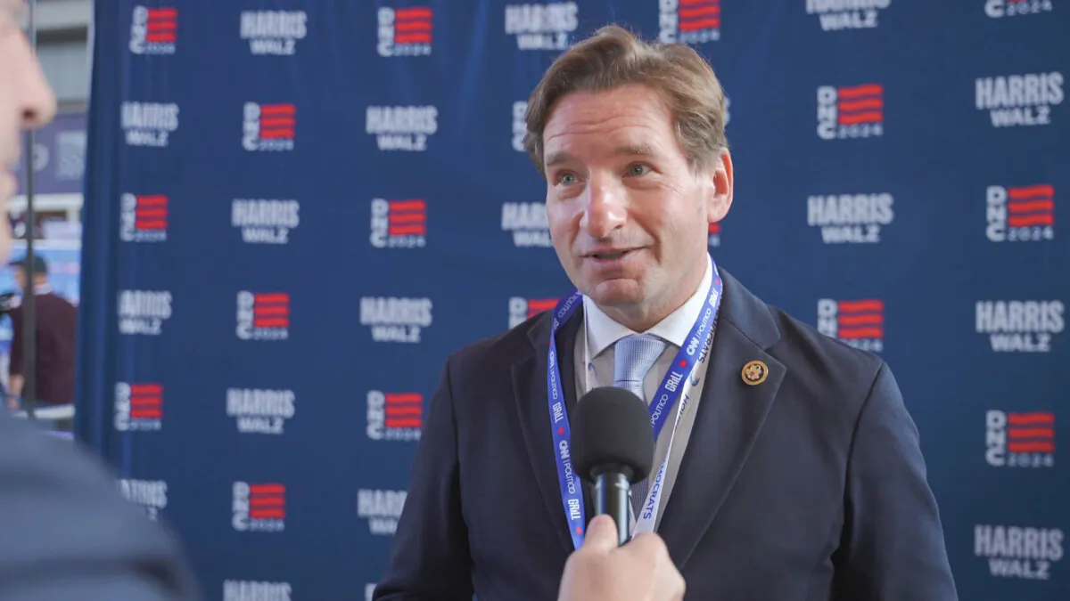 Rep. Dean Phillips (D-Minn.), former Democratic candidate, speaks to The Epoch Times at the Democratic National Convention in Chicago, Ill., on Aug. 20, 2024. (Tal Atzmon/The Epoch Times)