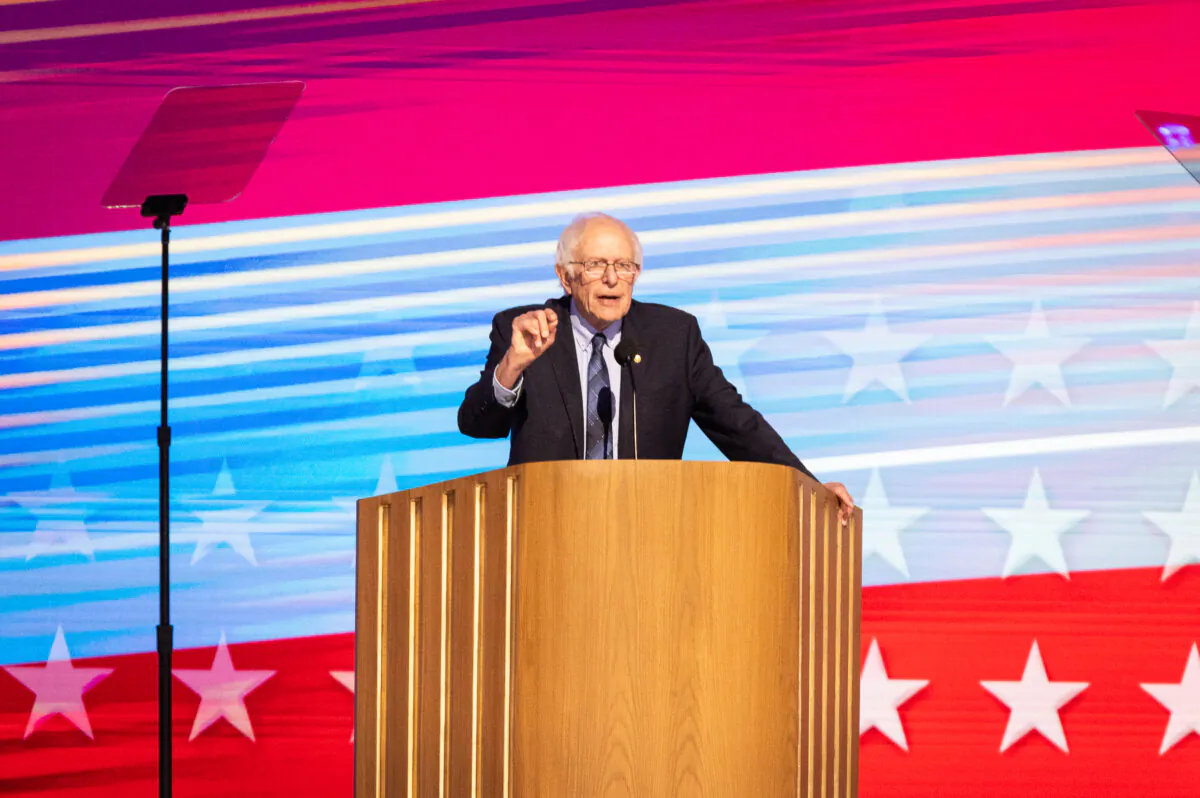 Senator Bernie Sanders (I-VT) speaks at the 2024 DNC held in Chicago, Ill., on August 20, 2024. (John Fredricks/The Epoch Times)