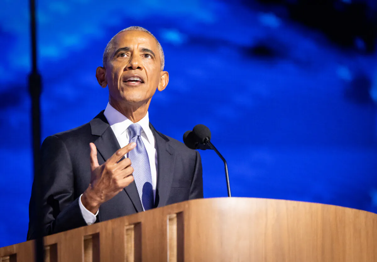 Former President Barack Obama speaks at the Democratic National Convention in Chicago on Aug. 20, 2024. (John Fredricks/The Epoch Times)