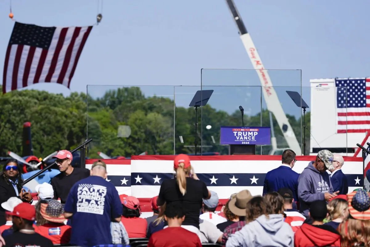The stage, set behind bulletproof glass, where former President Donald Trump is set to speak, in Asheboro, N.C., on Aug. 21, 2021. (Julia Nikhinson/AP Photo)