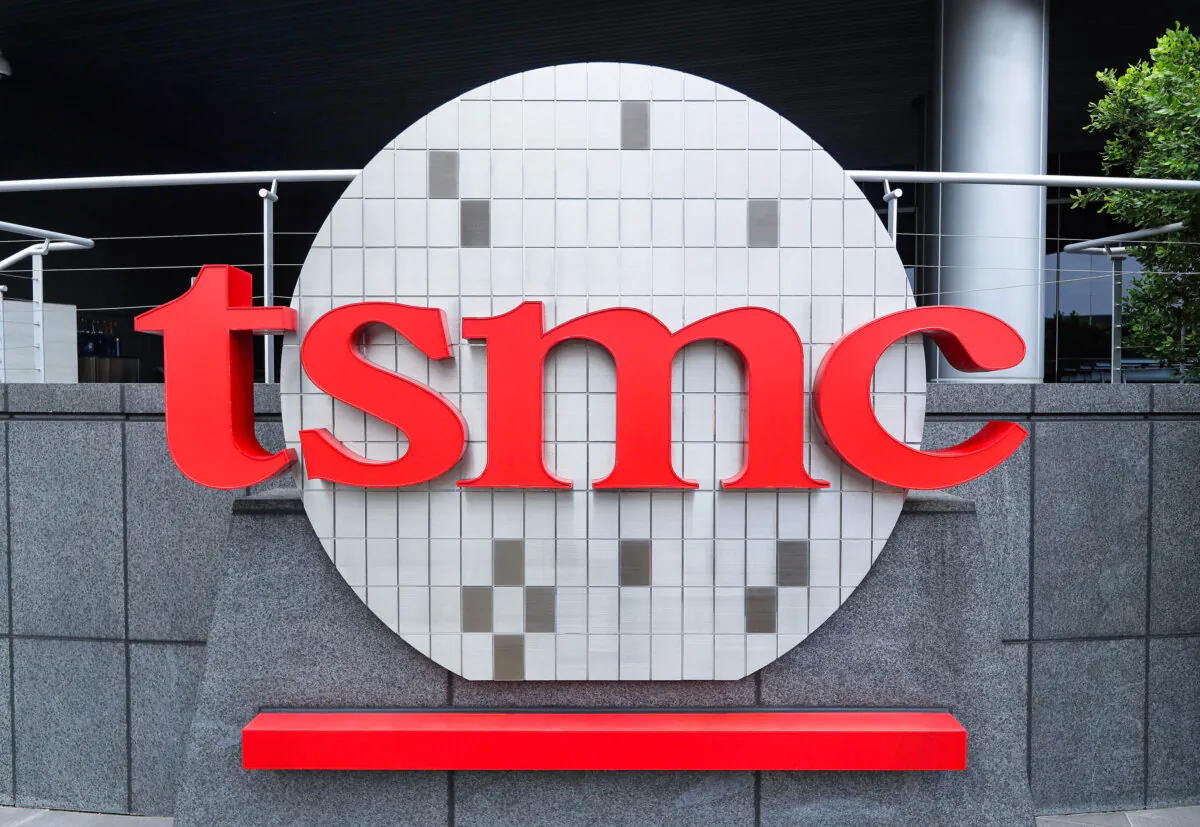 The Taiwan Semiconductor Manufacturing Co. Ltd. (TSMC) logo at its headquarters in Hsinchu, Taiwan. (Chiang Ying-ying/AP Photo)