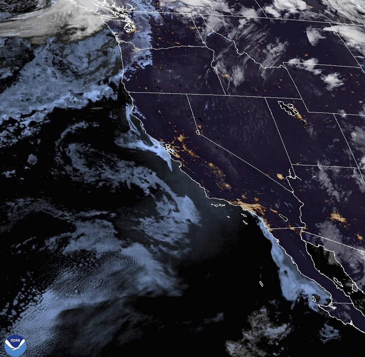 This satellite image provided by NOAA shows Hurricane Gilma located west-southwest of the southern tip of the Baja California peninsula of Mexico, Wednesday, Aug. 21, 2024.  (NOAA via AP)