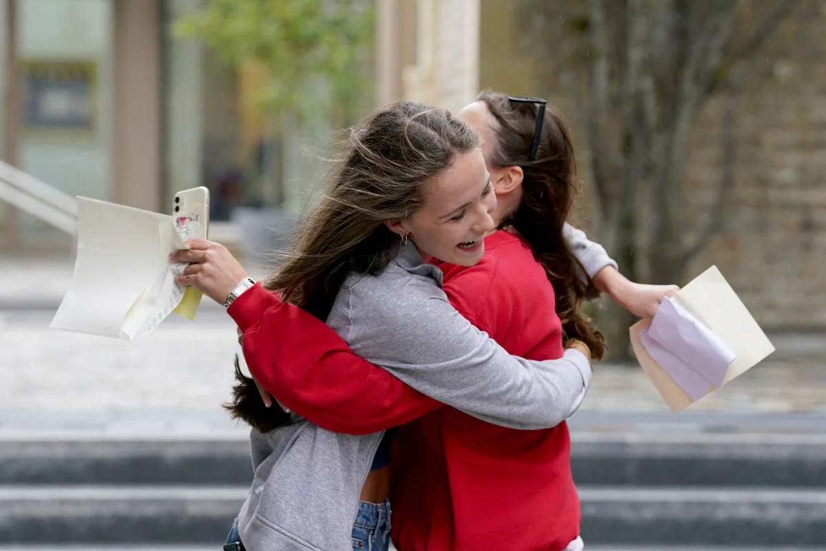Pupils at Brighton College receiving their GCSE results in Brighton, England, on August 22, 2024. (Gareth Fuller/PA)
