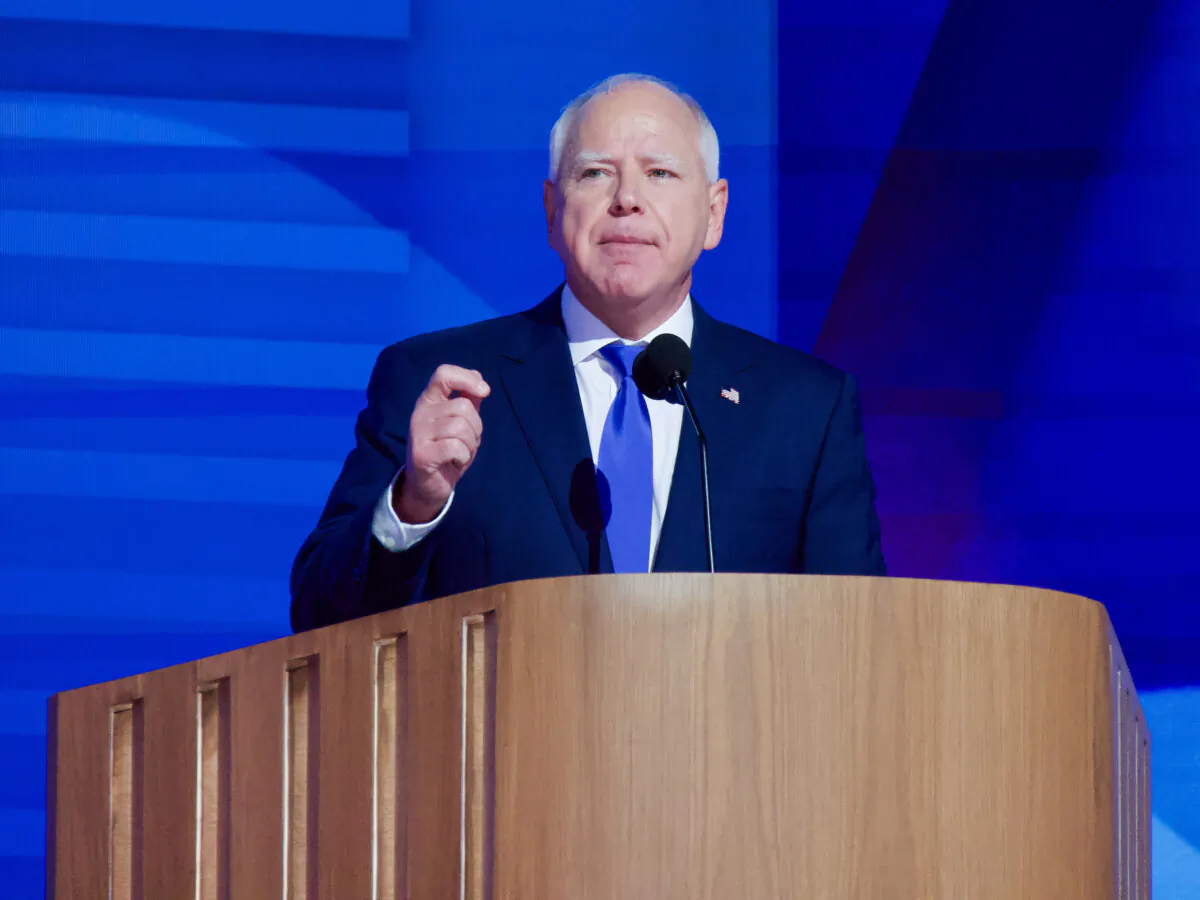 Gov. Tim Walz's delivers his speech at the Democratic National Convention in Chicago, Illinois on Aug. 21, 2024. (Travis Gillmore/The Epoch Times)