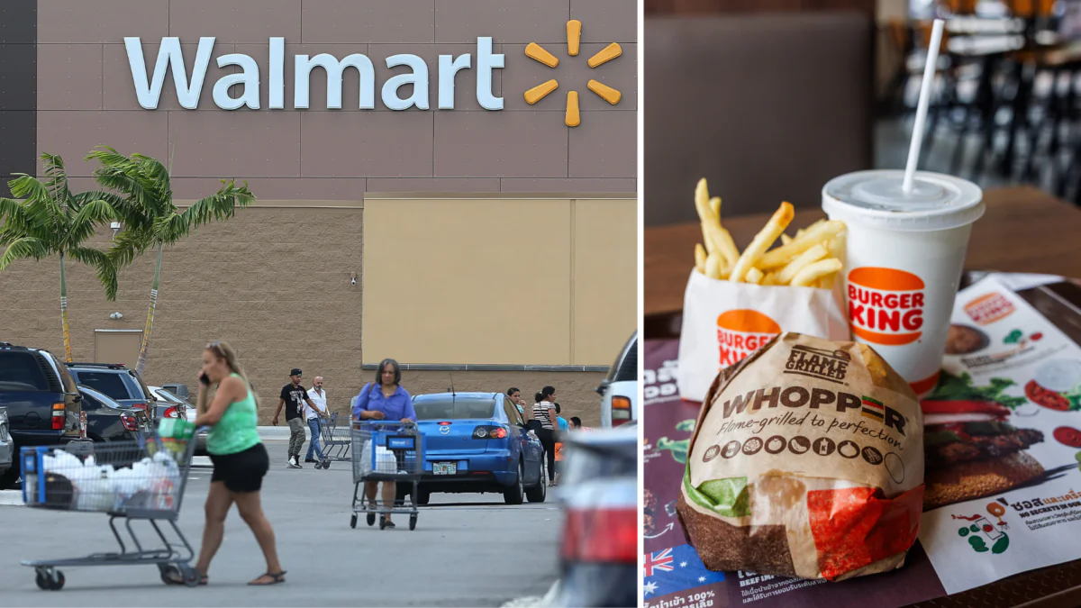 (Left) People outside a Walmart store in Miami, Fla., on Aug. 18, 2015. (Joe Raedle/Getty Images) (Right) A Burger King Whopper Meal in Bangkok, Thailand, on June 8, 2024. (Lauren DeCicca/Getty Images)
