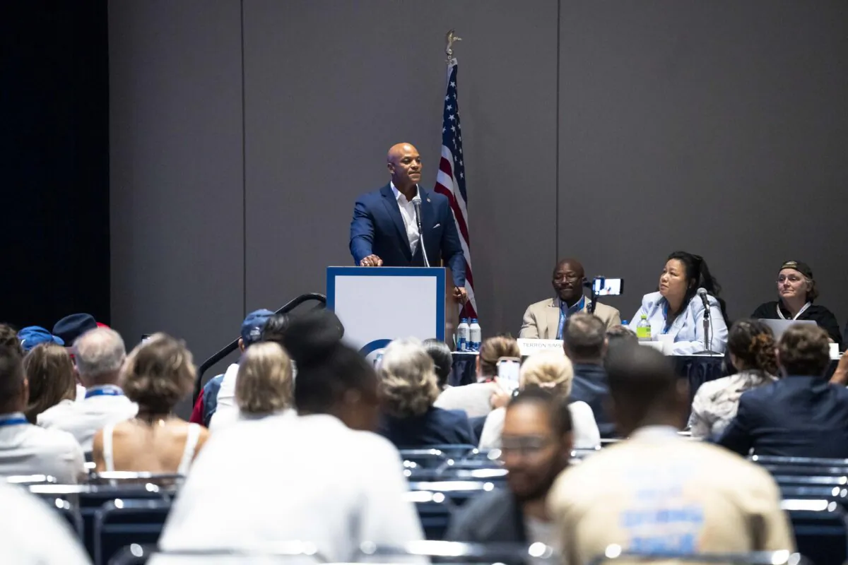 Maryland Gov. Wes Moore speaks during the Veterans and Military Council meeting at Hyatt Regency McCormick Place during the last day of the Democratic National Convention (DNC) in Chicago on Aug. 22, 2024. (Madalina Vasiliu/The Epoch Times)